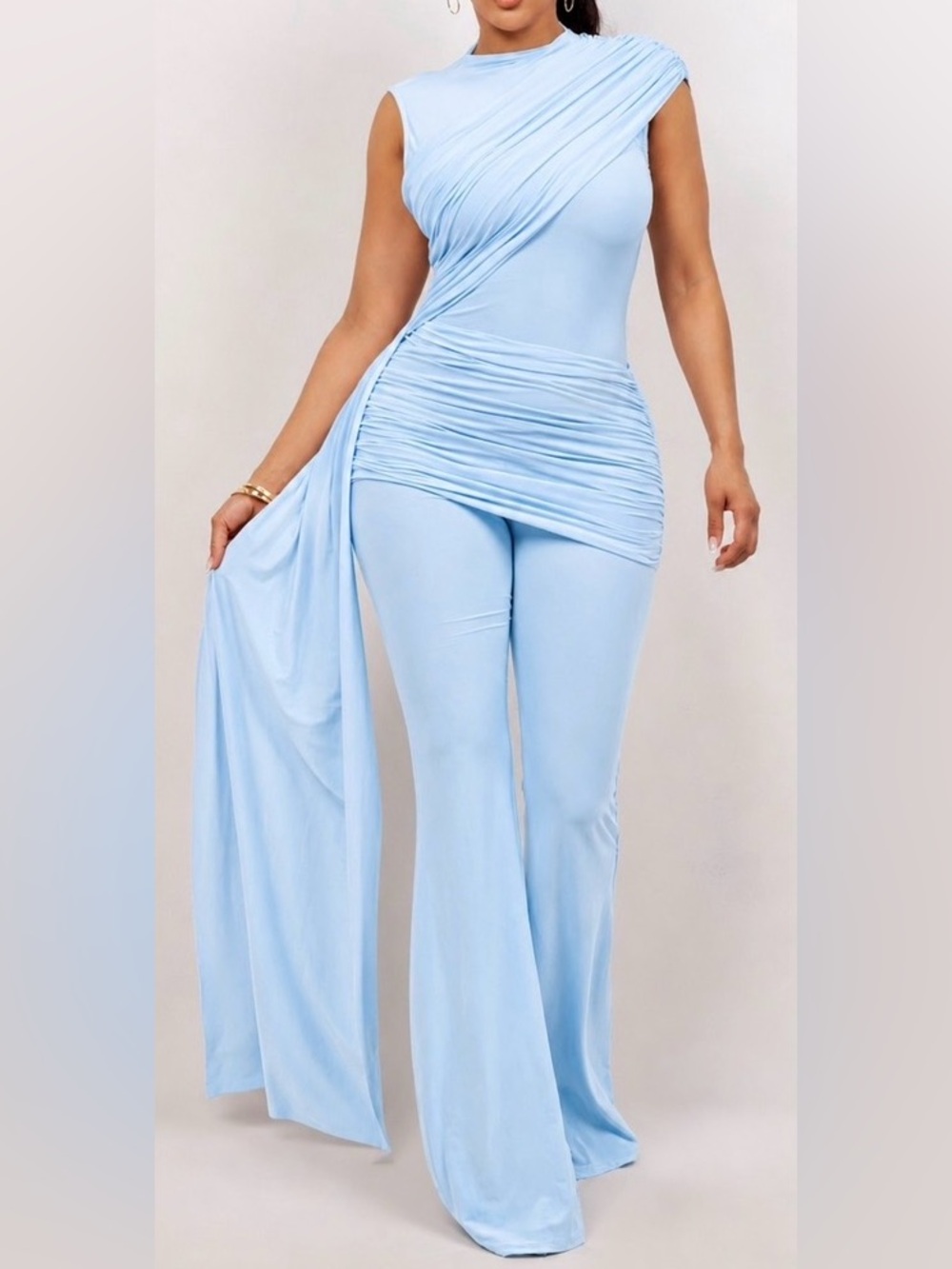 2PCs One-Shoulder Ruched Pant Set